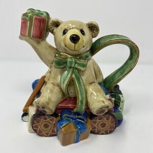 Fitz and Floyd Classics Teapot Old Fashioned Christmas Bear Sitting on Gifts